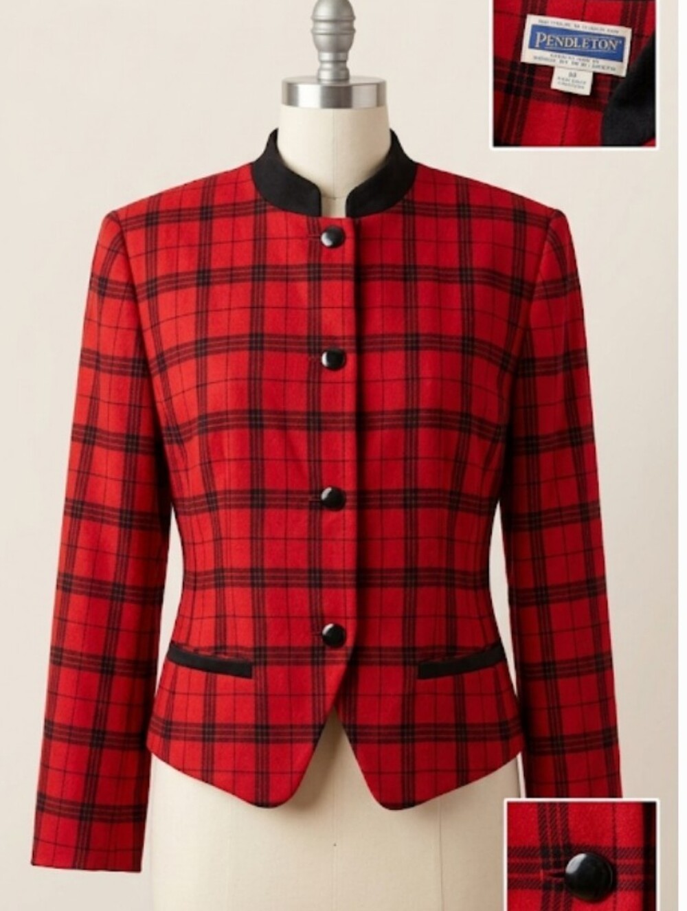 Pendleton Vintage 90's Red and Black Mandarin Collar Wool Jacket (Sz 10) Classic